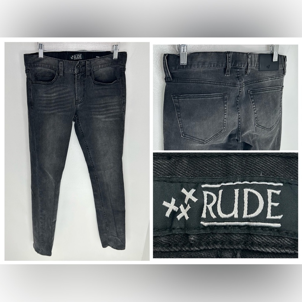 XXX‎ RUDE Jeans Mens Size 30X32 Black Denim Skinny Goth Low Rise Pants Festival